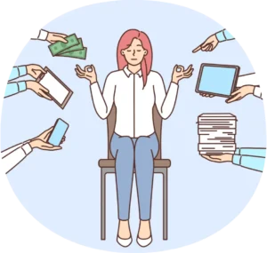 Illustration d'une femme calme en position de méditation, entourée de mains lui présentant des tâches administratives, de l'argent, des documents et des appareils numériques, symbolisant la gestion multitâche et la délégation.
